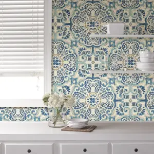 NuWallpaper NUS2235 Florentine Tile Peel & Stick Wallpaper, Blue