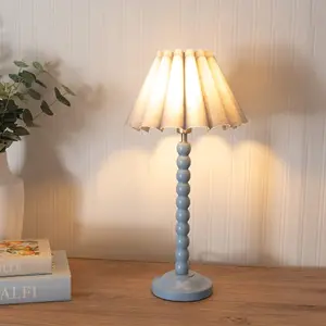 ValueLights Bobbins Powder Blue Table Lamp with Grey Scallop Tapered Lamp Shade and LED Bulb