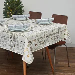 Celebright Festive Christmas PVC Tablecloth - 52x70in - Joyful Holiday Expressions Gold