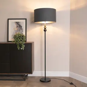 ValueLights Marissa Black Stacked Ball Floor Lamp with Charcoal with Chrome Inner Lamp Shade and LED Bulb