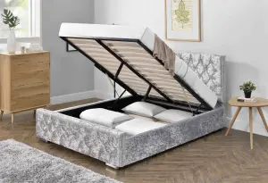 Arya Fabric Ottoman Super King Bed with Storage, Silver Velvet