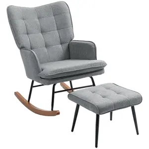 HOMCOM Rocking Chair with Footstool Fabric Wingback Chair for Bedroom Grey