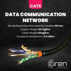 Oren CAT6 Outdoor Ethernet Cable 100M - Direct Burial - 23 AWG Pure Copper Wire - 400 MHz Bandwidth UTP, LAN Network Cable