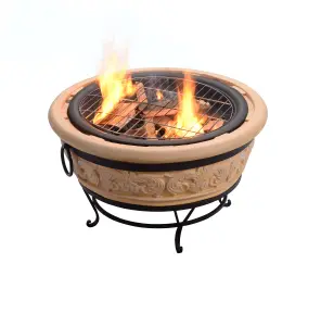 Teamson Home HR26303AA-S Sand Wood Burning Fire Pit inc Poker, Grill, Lid