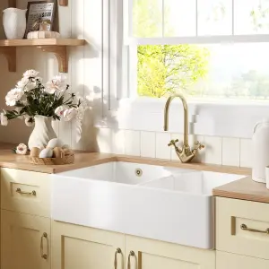 895mm - Fireclay Double Bowl Stepped Weir Butler Sink - with Tap Ledge,  Overflow, No Tap Hole & Tap