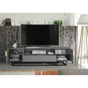 TV Unit 200cm Loft Retro Milled Fronts TV Stand Vintage Cabinet Grey