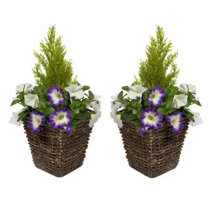 GreenBrokers 2 x Artificial Dark Purple & White Petunias Rattan Patio Planters