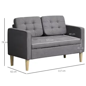 HOMCOM Compact 2 Seater Sofa with Hidden Storage and Rubber Wood Legs Grey