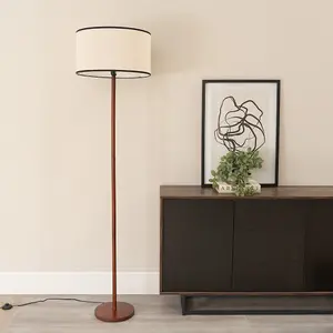 ValueLights Heather Dark Wood Single Stem Floor Lamp with Natural Black Trim Fabric Drum Shade