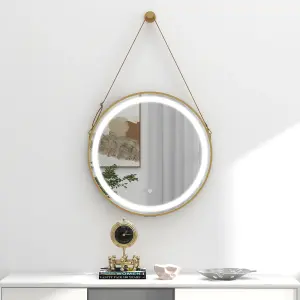 COSTWAY Hanging Bathroom Mirror 60 cm Round Wall Mirror w/ 3 Colors LED Light