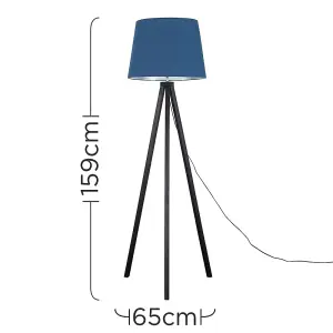 ValueLights Barbro Modern Black Wood Tripod Design Floor Lamp with Navy Blue Tapered Shade - Includes 6w LED GLS Bulb 3000K