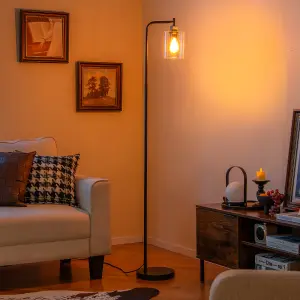 COSTWAY Industrial Floor Lamp Standing Lamp with Hanging Glass Lampshade & Foot Switch Black