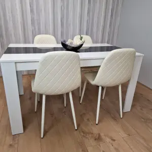 Wooden White Black Dining Table with 4 Cream Stitched Leather Chairs Set