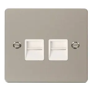 Flat Plate Pearl Nickel Secondary Telephone Twin Socket - White Trim - SE Home