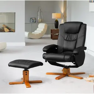 Severn Bonded Leather and PU Swivel Based Based Recliner Chair and Stool with Massage and Heat Black