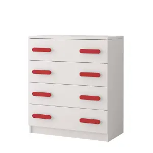 White Chest of Drawers H930mm W800mm D400mm - Red Handles for Bold Kids' Spaces