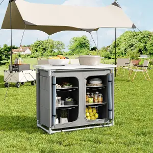 Dark Gray Folding Portable Outdoor Camping Kitchen Table Cabinet Storage BBQ Cook Station 100cm W