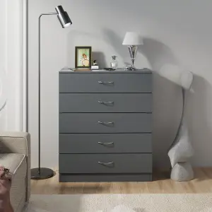 SunDaze Chest of Drawers Bedroom Furniture Bedside Cabinet with Handle 5 Drawer Grey 75x36x90cm