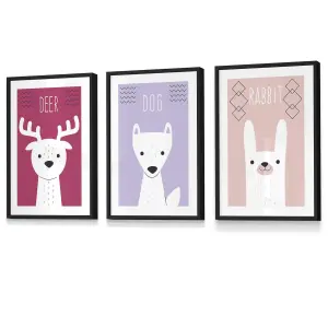 Set of 3 Scandi Nursery Forest Animals Pink Lilac Wall Art Prints / 30x42cm (A3) / Black Frame