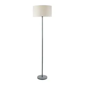 ValueLights Heather Grey Wood Single Stem Floor Lamp with Natural White Trim Fabric Drum Shade