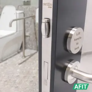 AFIT Lift to Lock Handle Set & DIN Lock for Bathroom / Toilet Cubicle Doors - Satin Stainless - for 60 Minute Fire Doors