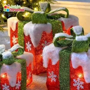 Set of 3 Light Up Christmas Present Parcels Decorations for Under the Tree - Red with Snow