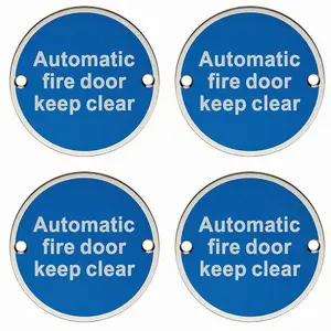 4x Automatic Fire Door Keep Clear Plaque 76mm Diameter Satin Stainless Steel