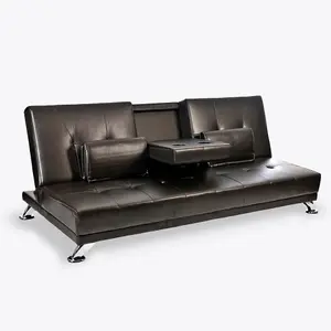 Tampa Sofa Bed Faux Leather Cupholder 3 Seater Chrome Legs, Black