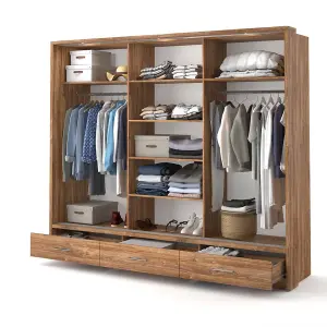 Modern Lux Wardrobe with Shelves and Mirrored Door in Oak Sterling - LED Lit Storage Solution (H2150mm W2500mm D630mm)