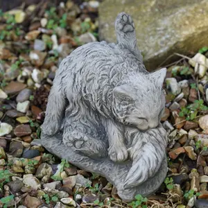 Washing Cat Stone Statue Kitten Animal Outdoor Garden Ornament Decoration British Made Sculpture