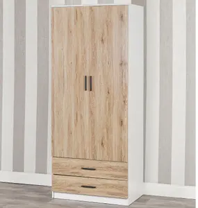 URBNLIVING 180cm Tall 2 Door Wardrobe White Carcass and Oak Drawers With 2 Drawers Bedroom Storage Hanging Bar Clothes