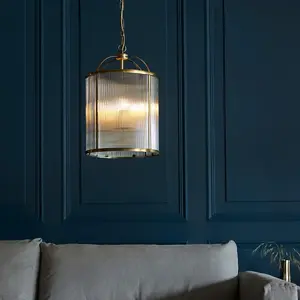 Luminosa Lambeth Ribbed Glass 4 Light Ceiling Pendant Antique Brass