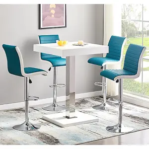 Topaz White High Gloss Bar Table 4 Ritz Teal White Stools