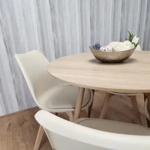 Round Oak Effect Kitchen Dining Table With 4 Cream Tulip Chairs Table Set