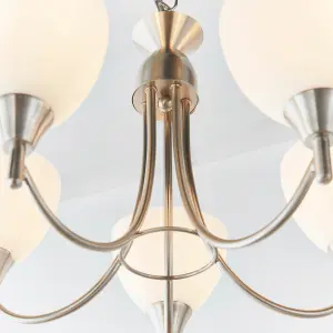 Anson Lighting Royal 5lt Pendant light Satin chrome plate and matt opal glass