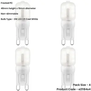 4 PACK Frosted PC G9 2W SMD LED Light Bulb - Non-dimmable Cool White - 200lm 4000k