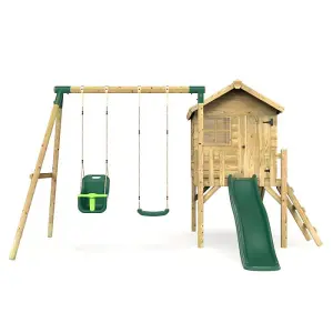 Rebo Orchard 4ft x 4ft Wooden Playhouse with Standard Swing, Baby Swing, 900mm Deck and 6ft Slide - Luna Green