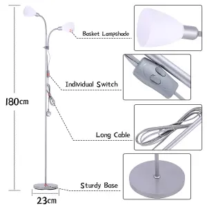 180 cm Light Grey Metal E14 Base 2 Heads Floor Light Floor Lamp with Individual Switch For Bedroom Living Room