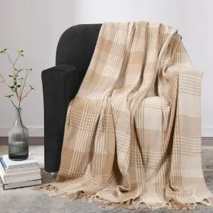 EHC Premium Reversible 100% Cotton Large 150 x 200 cm Tartan Throws for Sofa, Armchair Bedspread, Beige