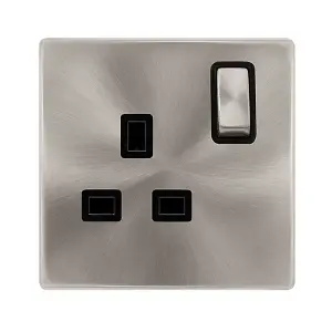 Brushed Steel Screwless Plate 1 Gang 13A DP Ingot Switched Plug Socket - Black Trim - SE Home