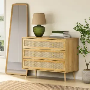 VonHaus Chest of Drawers for Bedroom, Scandi Style Natural Rattan 3 Drawer Organiser, Wicker Dresser for Bedroom & Living Room