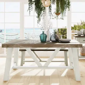 1.6m Fixed Solid Reclaimed Pine Off White Dining Table Set