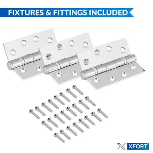 XFORT 4 inch (100mm) Polished Chrome Ball Bearing Hinges, Steel Door Hinge for Wooden Doors (1.5 Pairs)