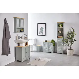 VonHaus Bathroom Storage Cabinet, Grey Bathroom Cupboard with Wood-Effect Top, Freestanding Towel Storage Cupboard w/ 2 Shelves