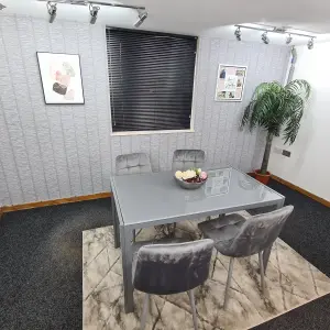 Grey Dining Table and 4 Grey Velvet Chairs Kitchen Dining Set of 4 Glass Table