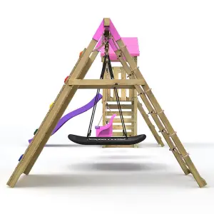 Rebo Challenge Wooden Climbing Frame with Swings, Slide and Up & over Climbing wall - Sanford Pink