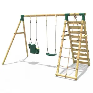 Rebo Wooden Swing Set with Up and Over Climbing Wall - Kai Green