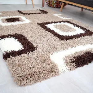 Beige Geometric Boxed Thick Shaggy Rug - California