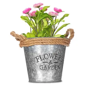 LIVIVO Zinc Plant Pot with Cotton Rope Handles - 'Flowers & Garden' Design for Outdoor or Indoor, Flower Herb & Pot (Set of 3)