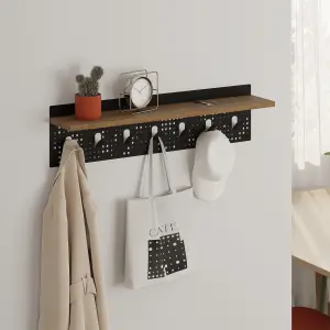 Decortie Modern 7 Hooks Wall Mounted Popy Hanger with Floating Shelf Laser-cut Metal Surface Oak